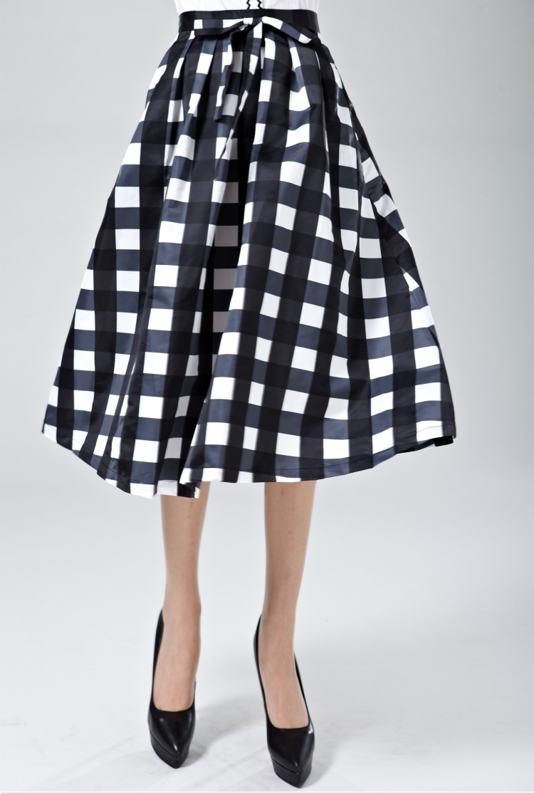 店阿玛施款黑白格子中长款系带收腰a字半身裙百褶大摆裙 黑白格子半裙
