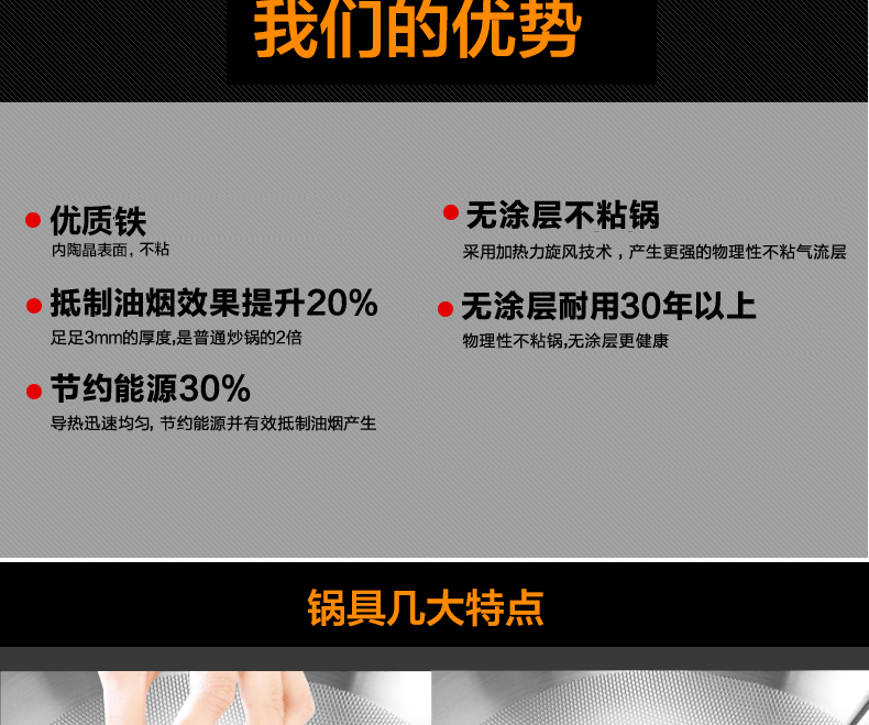 
                                        厨老大炒锅不粘锅无油烟炒菜锅煎锅铁锅 烹饪锅具 34cm                
