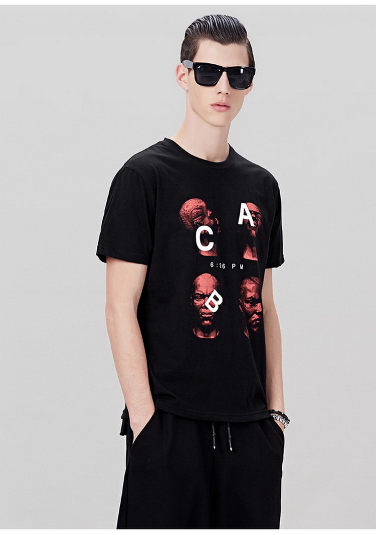 lilbetter男装t恤 夏季纯棉圆领半截袖字母人头印花体恤短袖男潮 黑色