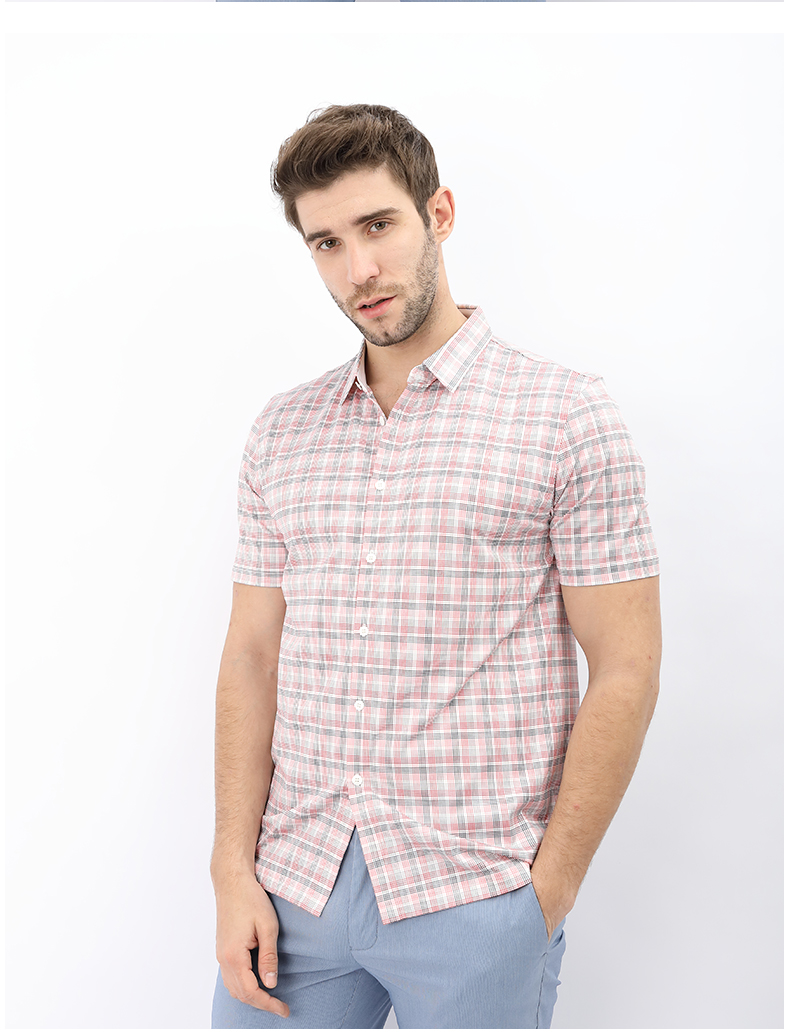 judger庄吉桑蚕丝衬衫男夏季新品衬衫男士休闲薄款短袖针织衬衫格子红