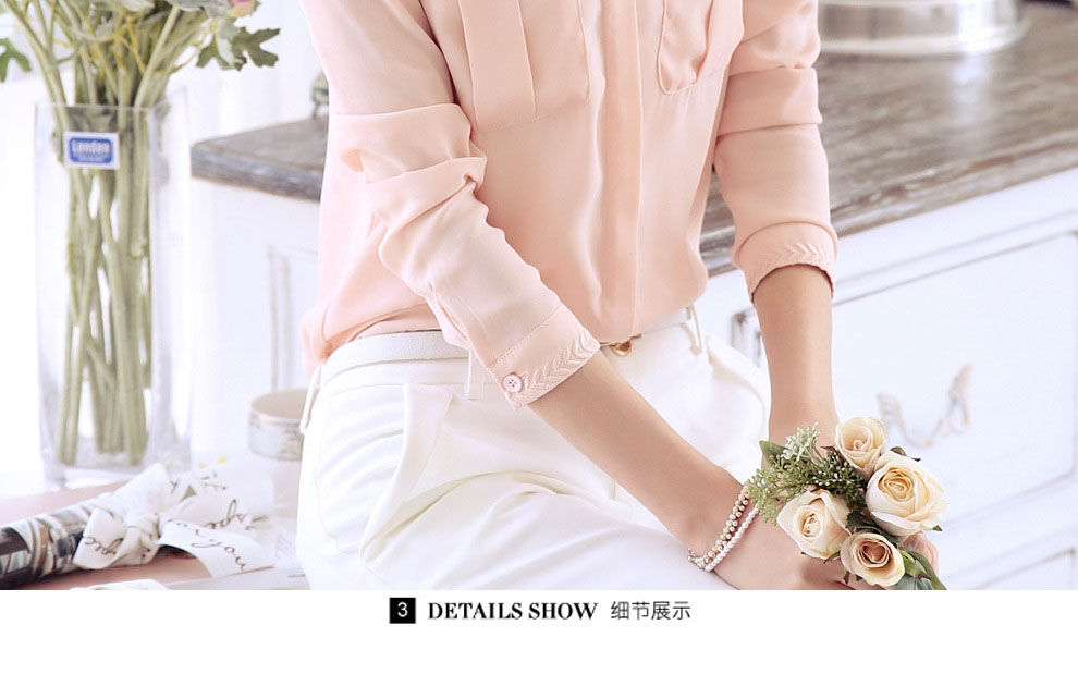 DGPZ雪纺衫女装2016夏秋季新款显瘦长袖打底上衣Y1093 裸粉色 L
