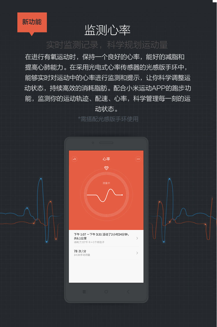 
                                        小米（MI）小米手环光感版 心率手环 智能防水运动手环腕带计步器 监测睡眠来电提醒 光感版手环+蓝色非小米腕带                