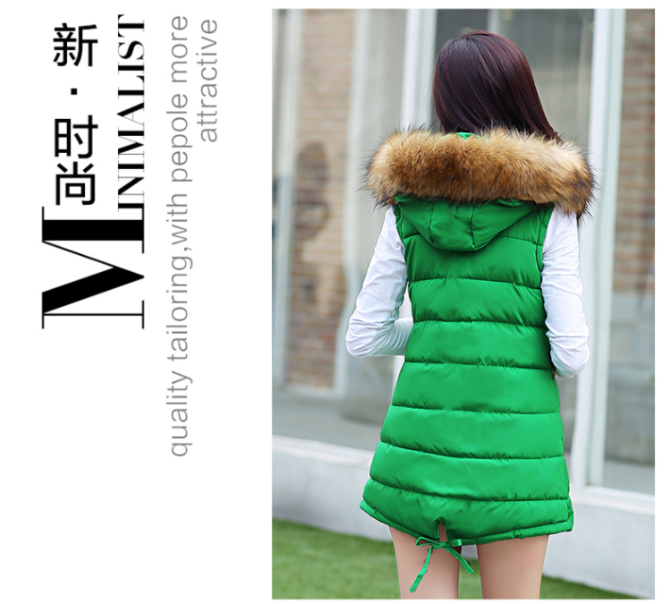 娇米诗2015韩版毛领大码棉衣女修身中长款棉马甲背心外套棉服女棉袄 粉红色 L