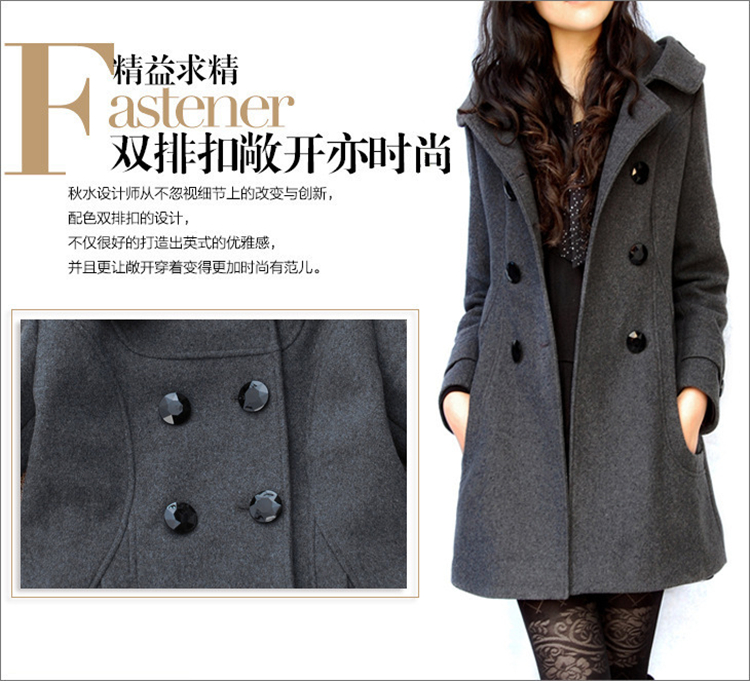 
                                        安依莲毛呢大衣女 韩版女装冬季新款双排口大码中长款加厚连帽外套 灰色普通款 L                