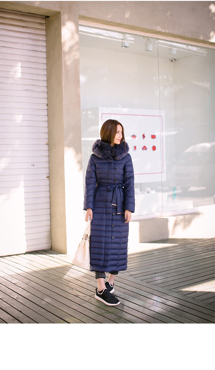 贝纳丝罗 狐狸毛超大长过膝加厚加长款女士羽绒服欧美长款外套 黑色