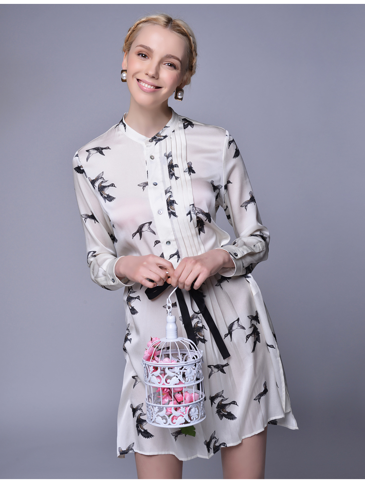 珍贝2016春装新款女装1905桑蚕丝真丝连衣裙长袖印花衬衫裙中长裙