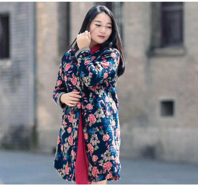 子牧棉麻2015秋冬新款中老年女民族风宽松大码大花棉衣女夹棉保暖气质