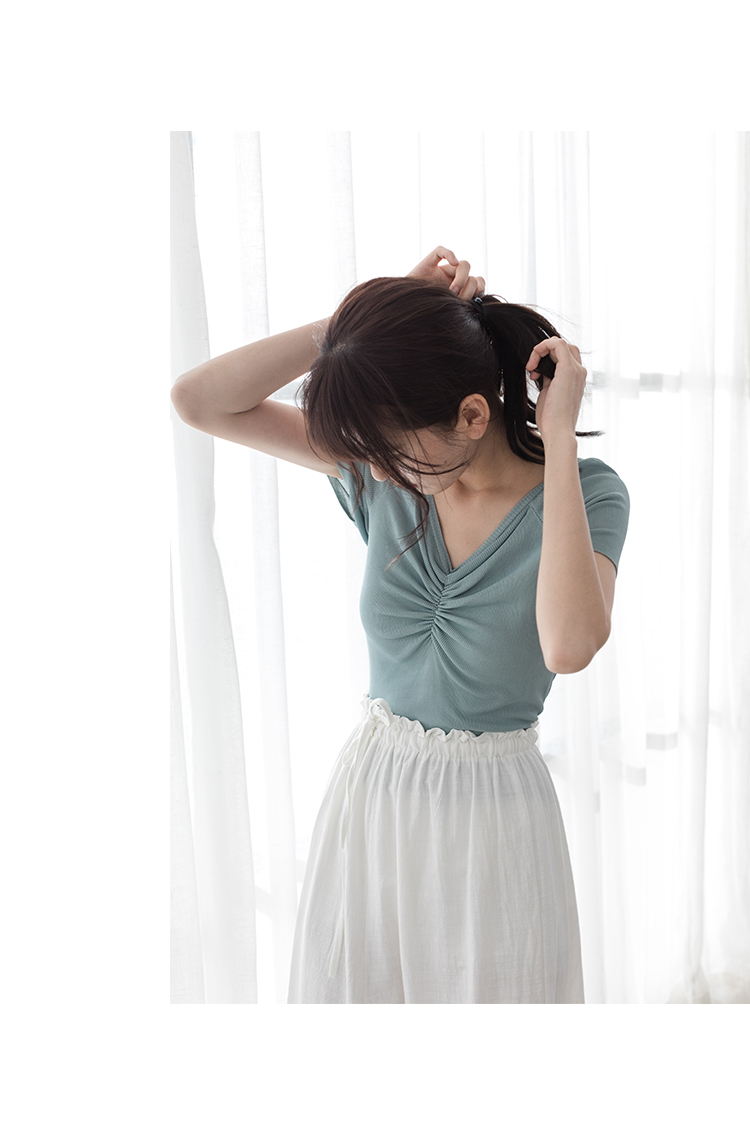 eggka短款v领针织衫女夏短袖t恤套头薄衫修身打底衫上衣灰绿色10天内