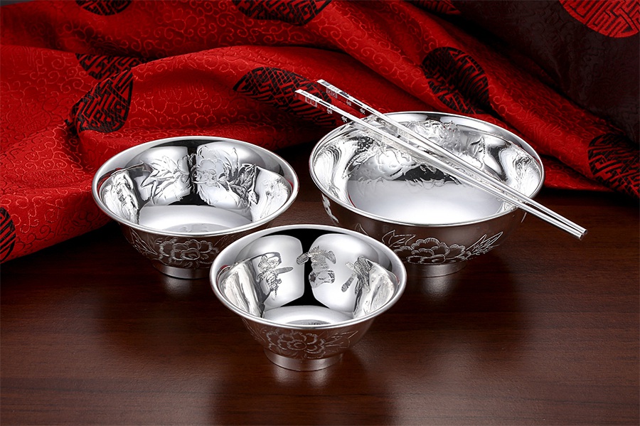 莉翠行 99足银碗银筷子纯银餐具实用银碗宝宝149克银器碗 67克银筷子