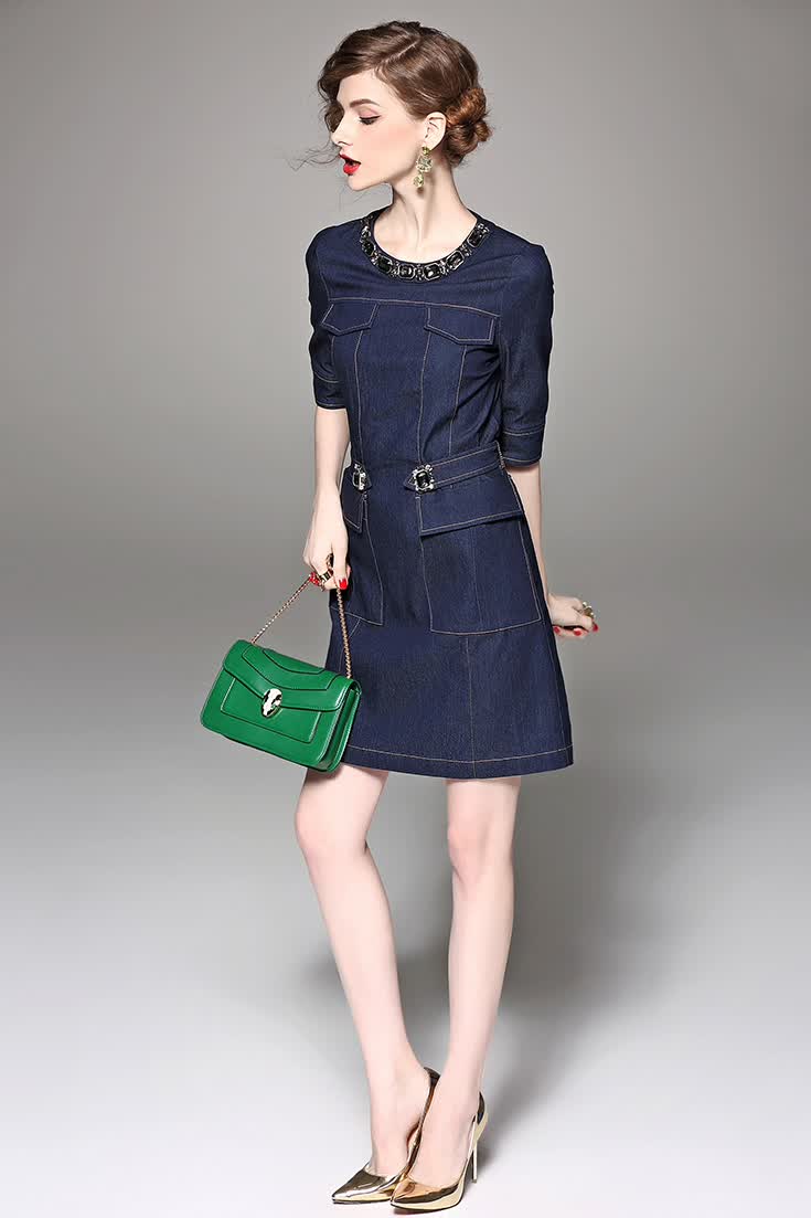 zppsn 夏季新款女装 圆领钉珠镶钻中袖拼接腰带收腰一步裙连衣裙 藏