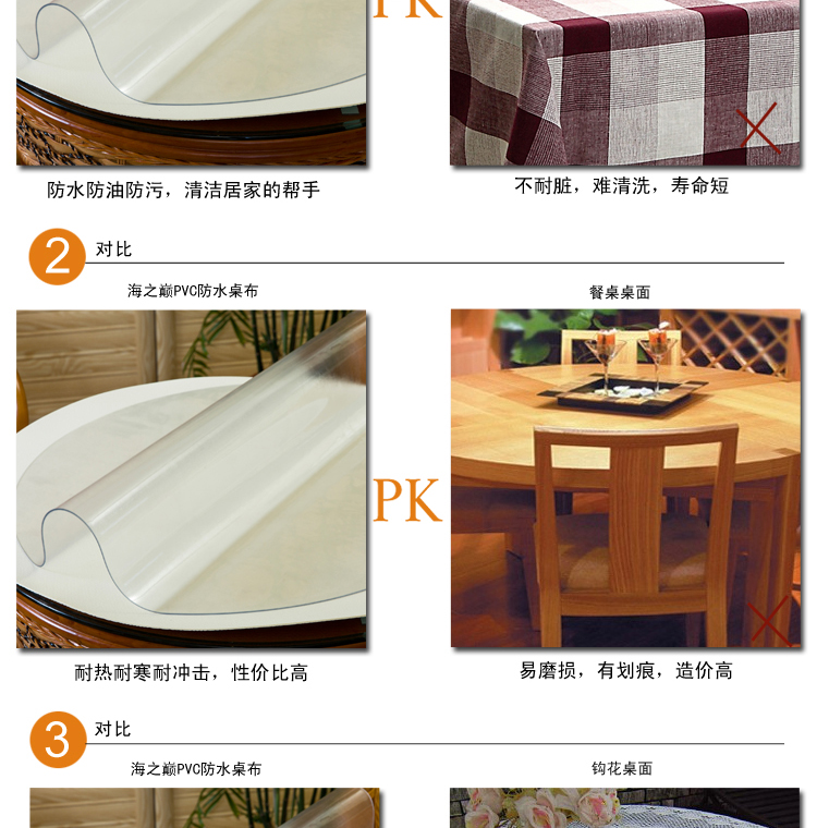 海之巅防水桌布PVC软质玻璃透明餐桌布塑料桌垫茶几垫台布水晶板 圆形透明2mm厚 直径150CM