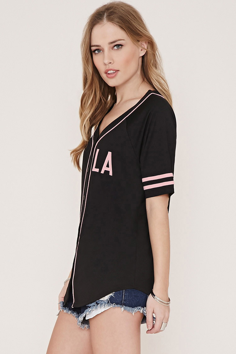 forever21 字母莫代尔棒球短袖t恤 黑色/粉红色 m