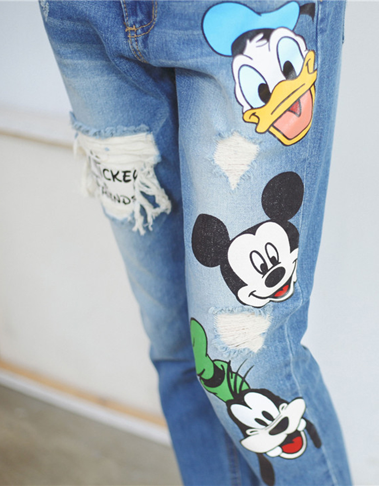 韩咏2016春季新款韩版破洞贴布补丁卡通印花牛仔裤0620 蓝色 27码