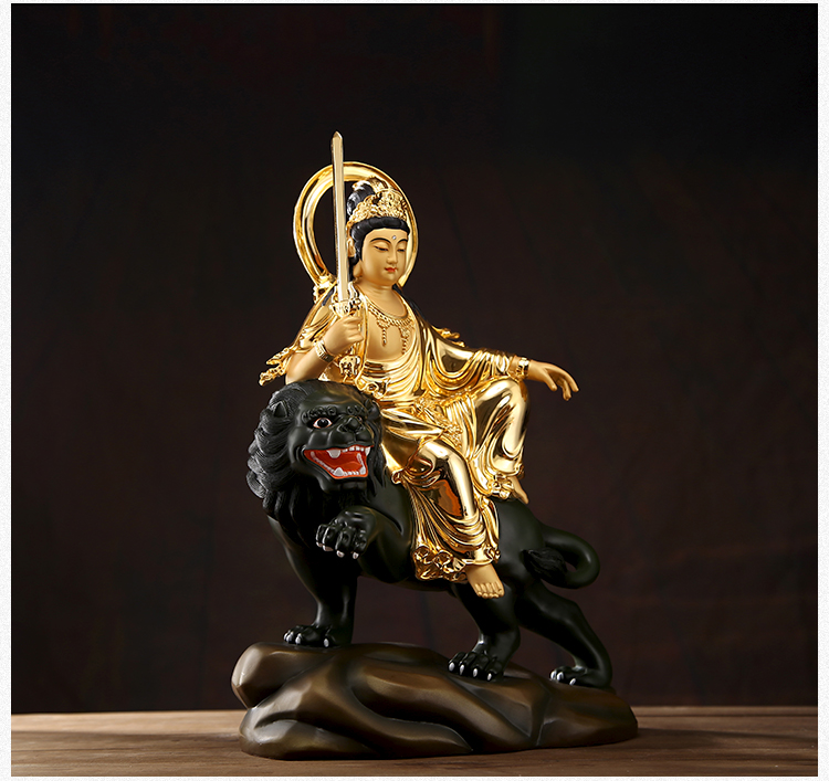 九黎 台湾宝华铜文殊普贤菩萨佛像16寸鎏金彩绘华严三圣摆件 文殊菩萨