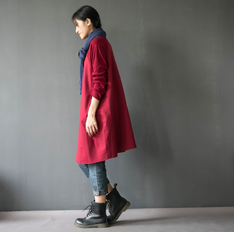 如素慢衣2015新款女装韩版棉质显瘦宽松立领长款卫衣女冬装2827 酒红 均码55