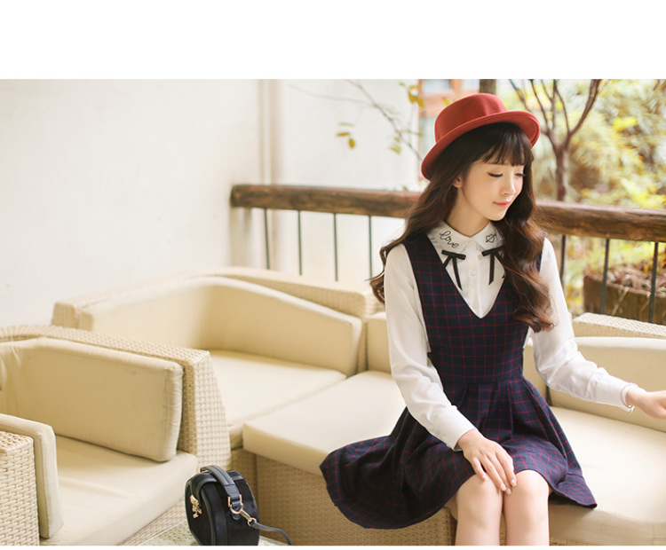 Mumu Home2016春装新款日系学院风甜美格纹修身V领无袖连衣裙 深蓝色 XS