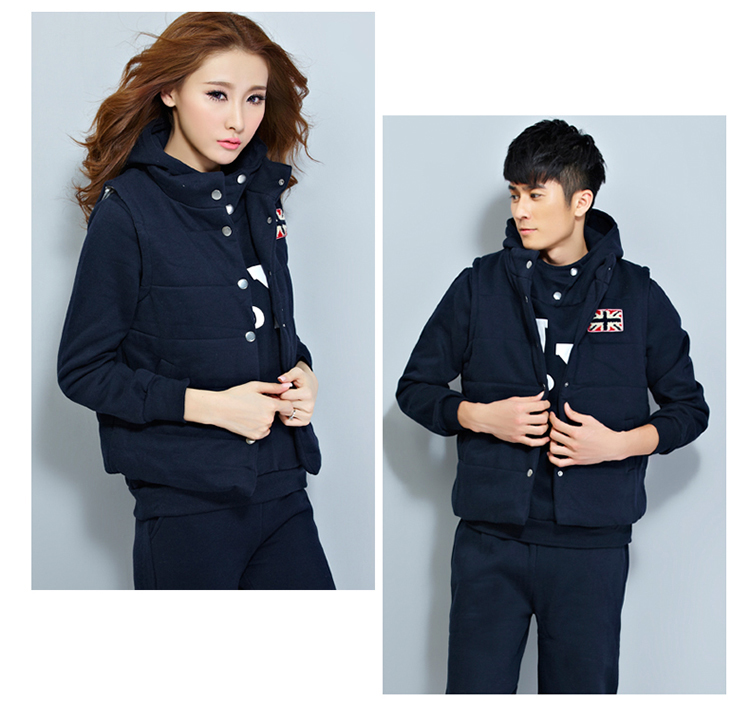 摩菲朵 2015新款韩版男女卫衣三件套加绒情侣装运动套装 WY6025 深蓝色 女  M