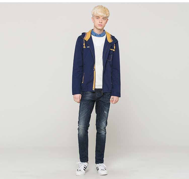 三福2016男装春款 韩版撞色拼接连帽开衫 休闲连帽外套338316 黑色 l