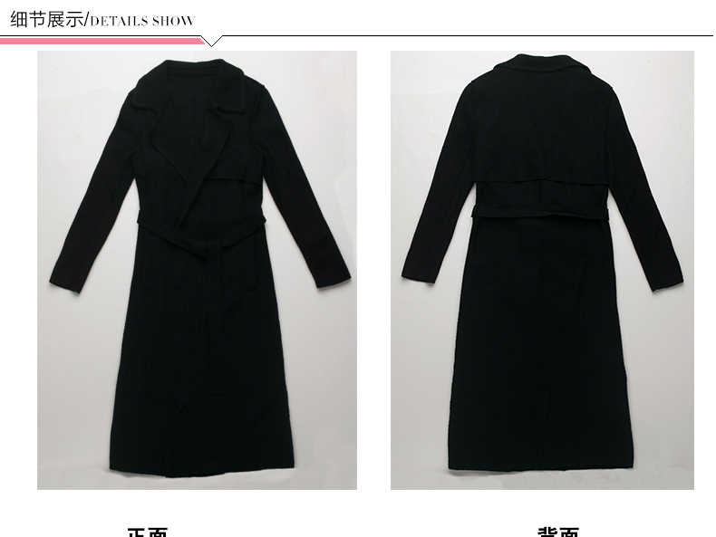 Hizze 欧美中长款毛呢外套女风衣修身简约系带长袖毛呢大衣2016春装新款 黑色 M