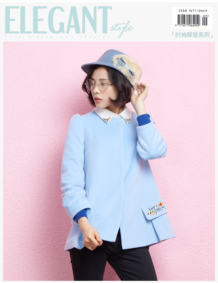 金苑2015年冬新品上新通勤娃娃领宽松时尚长袖毛呢短外套女D55108 粉红 XS(155/80A)