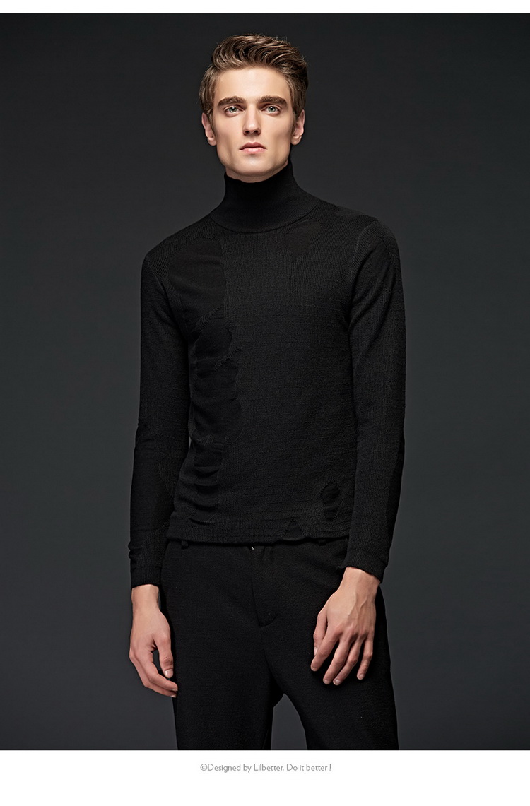 lilbetter黑标精英男士高领毛衣 纯色韩版秋季外套黑色休闲线衣男