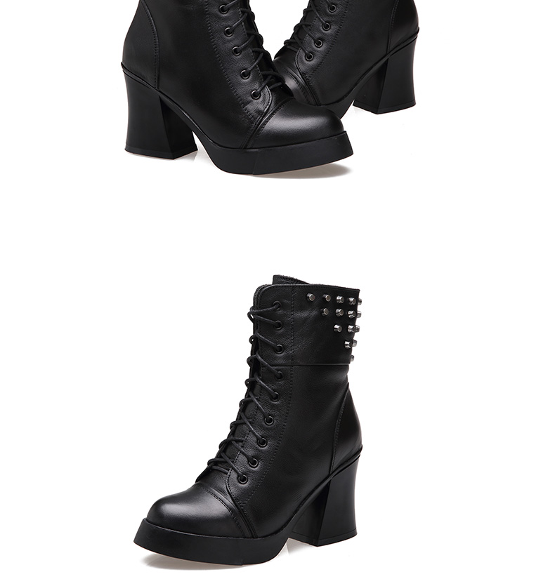 蒂雅堡尼新款真皮单靴女鞋中筒靴高跟马丁靴粗跟系带机车靴厚底铆钉女