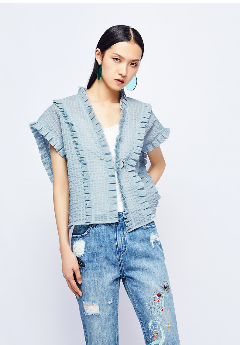 云思木想ysimox 工字褶 夏装新款肌理箱型短外套女84945 浅蓝色 l/xl