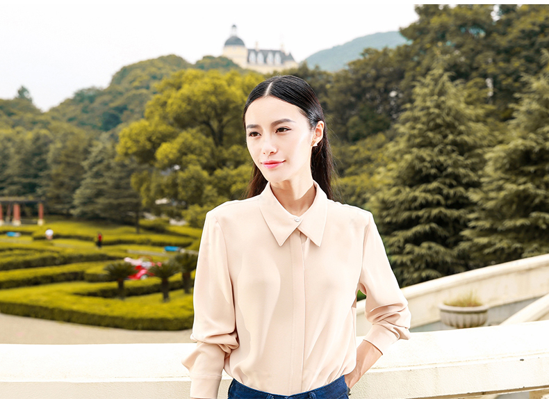 
                                        范思蓝恩 2017春装新款OL通勤职业长袖衬衫女中长款雪纺衬衣白衬衫女装上衣 樱粉色 L                