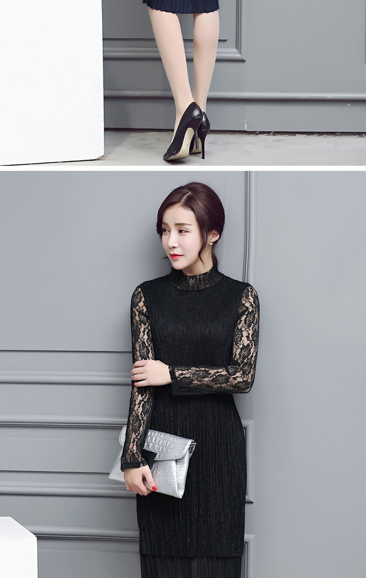
                                        恋百如时尚秋装秋冬连衣裙蕾丝毛呢裙子长袖韩版女装秋款2017春秋季冬装新款中长款6106 裸粉色 M                
