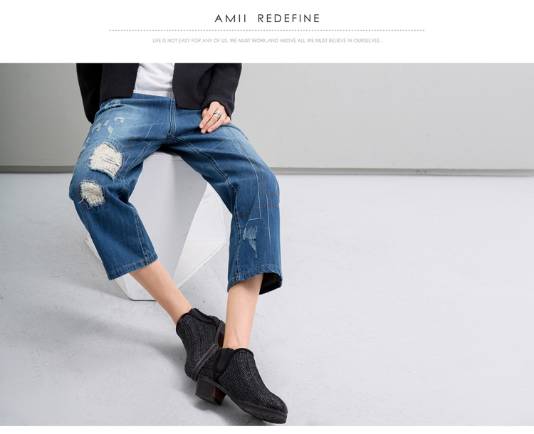 Amii Redefine2015秋冬新宽松绣花磨破棉质大码牛仔裤女61582002 靛蓝 S