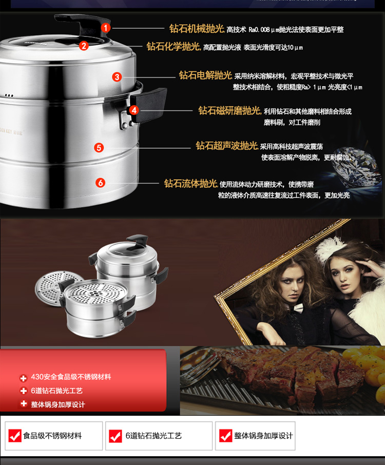 金钥匙（GOLDENKEY）蒸锅 四层 26cm不锈钢复底蒸笼