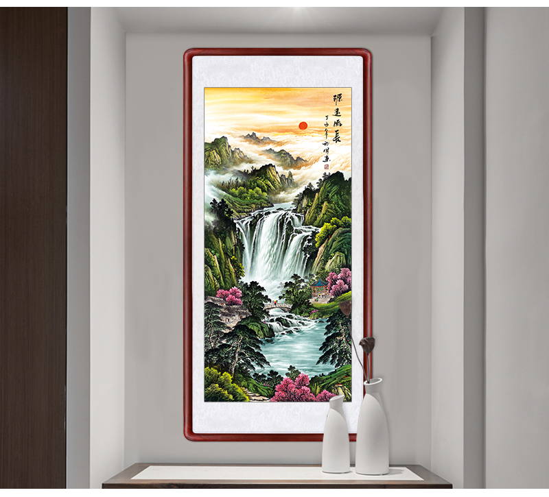 迅典国画山水画风水靠山图客厅玄关画竖版办公室中式玄关走廊挂画书房