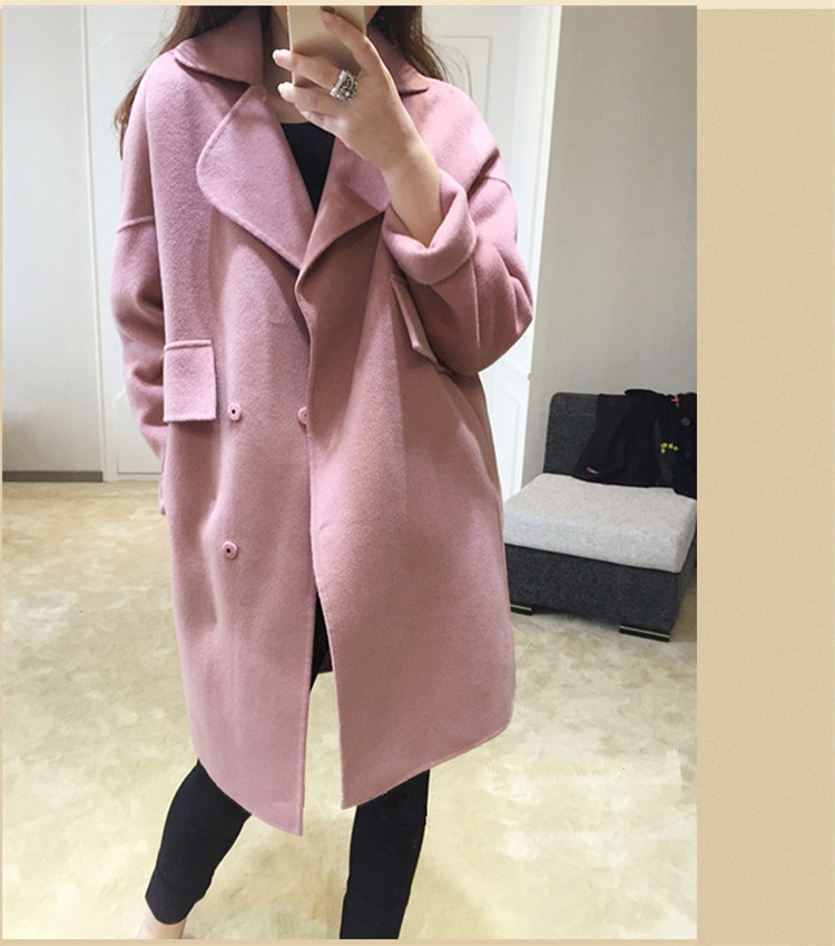 泪怡LY2015秋冬季女装新款毛呢大衣女 韩版中长款双面呢毛呢外套女羊毛呢子大衣女895 藕粉色 XL