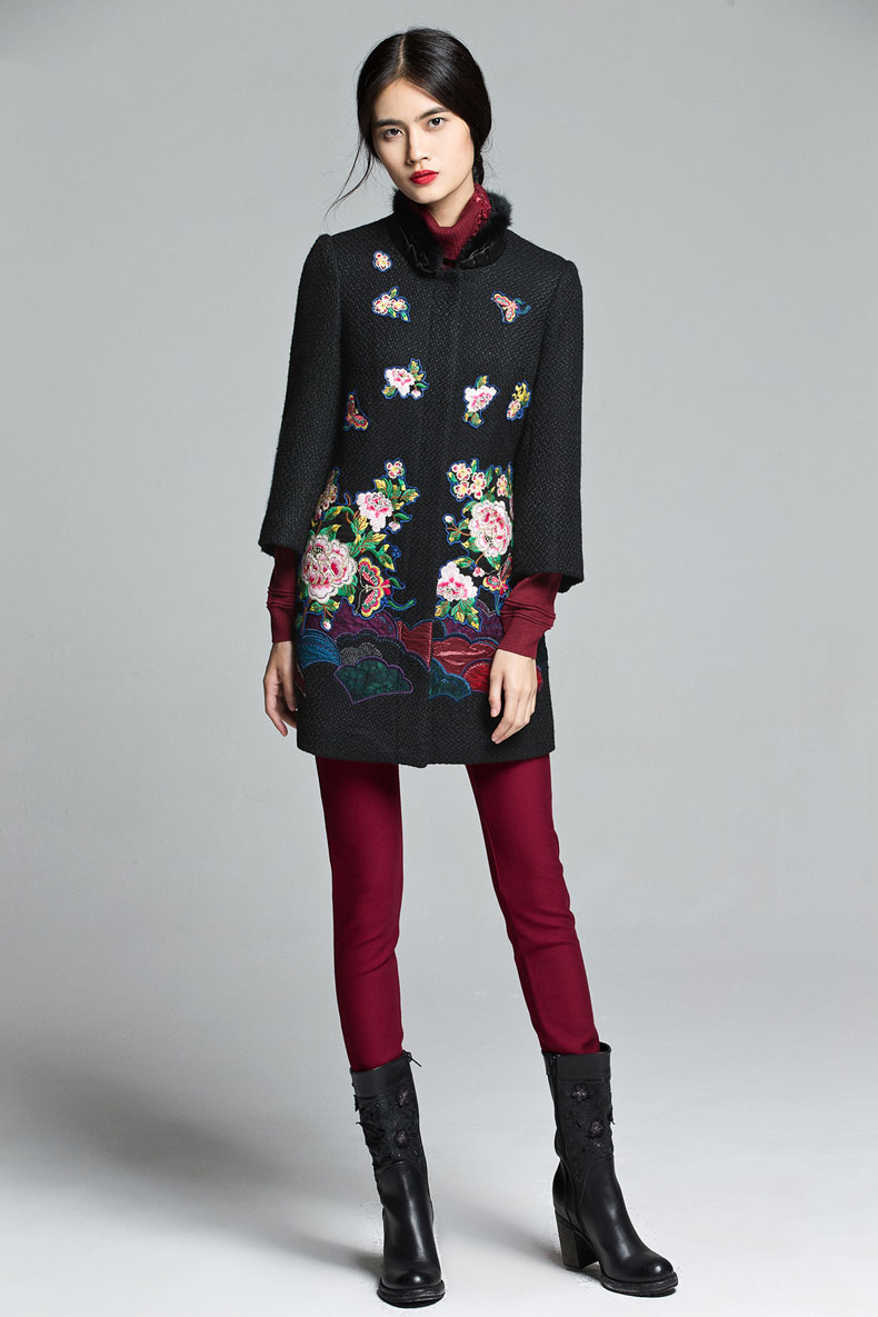 渔牌新款风衣女中长款长袖开衫修身显瘦大衣女式毛呢外套 黑色 l