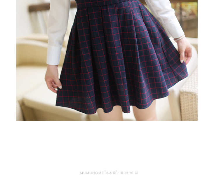 Mumu Home2016春装新款日系学院风甜美格纹修身V领无袖连衣裙 深蓝色 XS