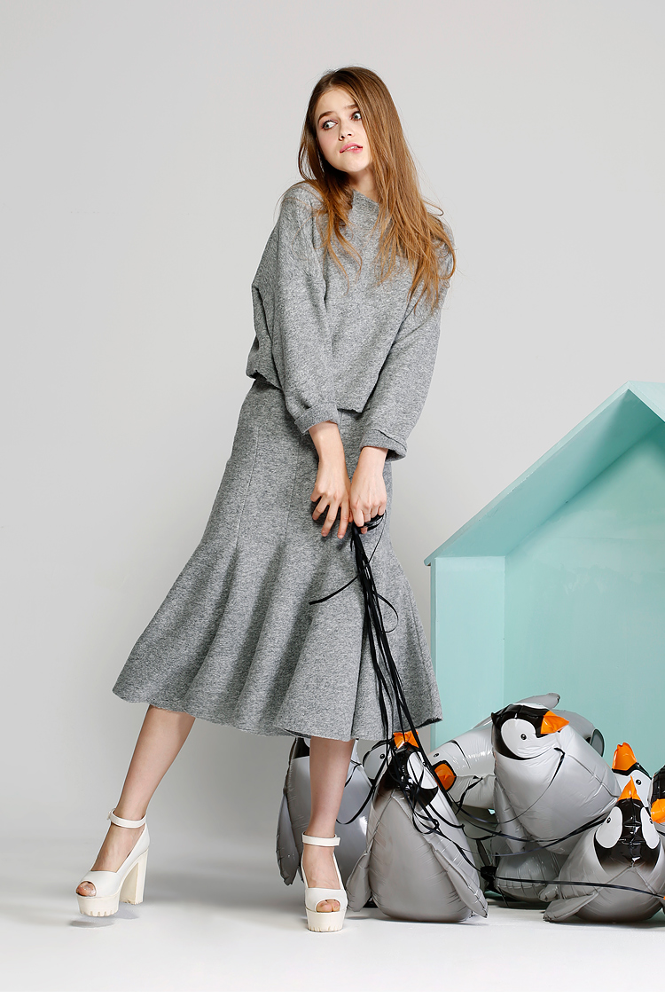 chartres原创 圆领灰色宽松毛呢上衣 2015秋冬装新款女装v872 灰色 l