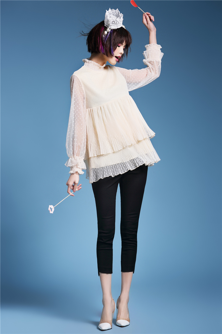 子域t6306 2016春装新款 网纱木耳边荷叶边公主袖娃娃装上衣 黑色 l