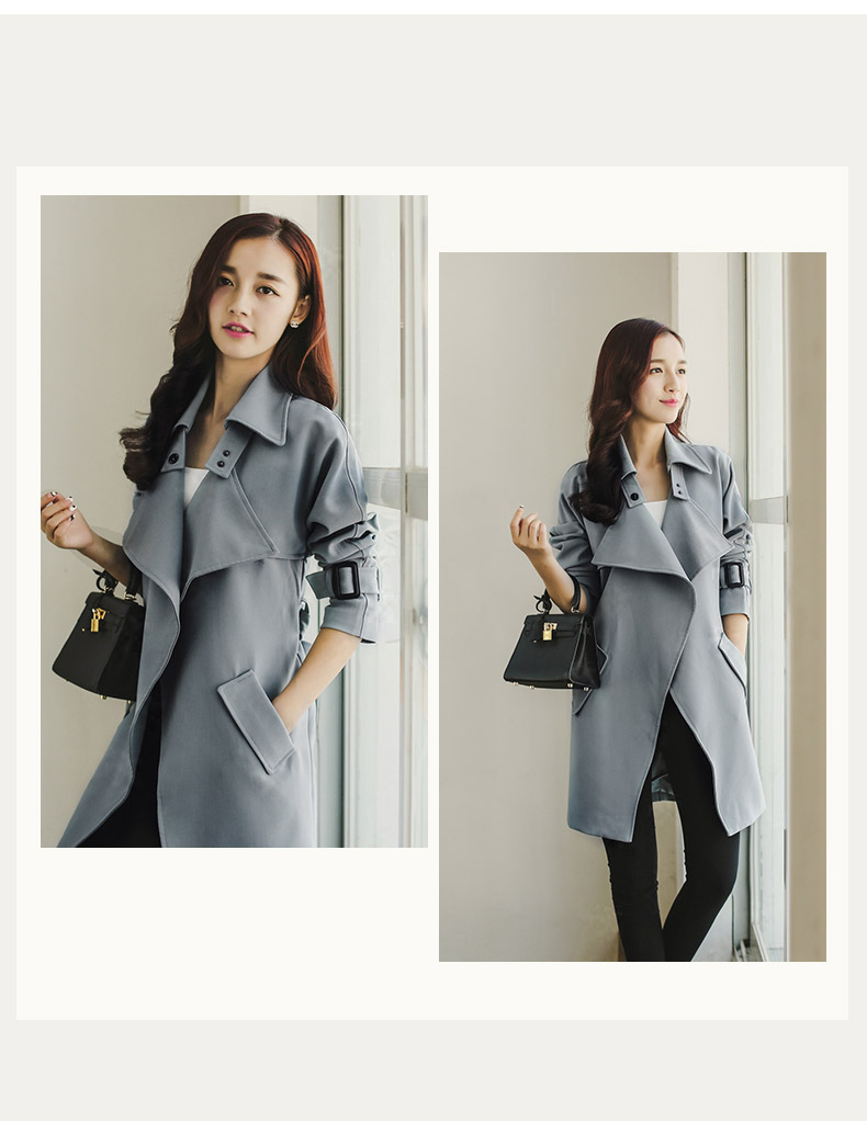 BLANCO LEVRIN2015秋装上新韩版修身中长款系带风衣外套女1950 灰蓝色 M