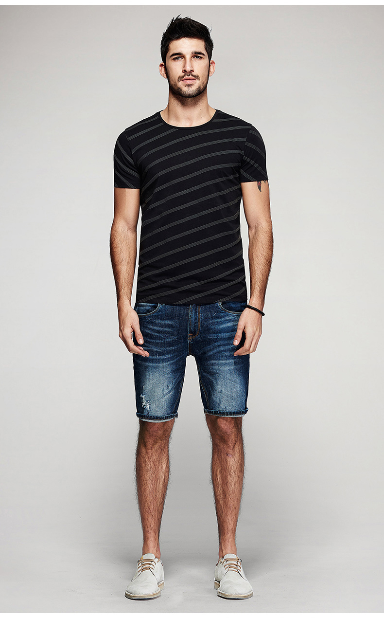 ①款式:【kuegou】条纹圆领男士短袖t恤 ②设计::精细斜条纹,有别