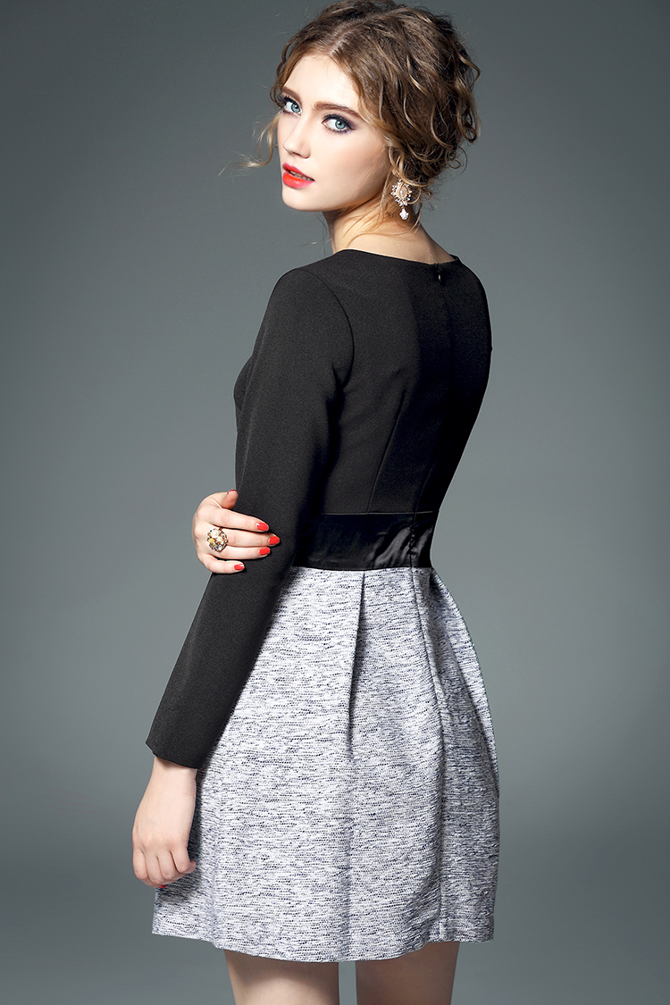 mistic 2016春季新款女装 撞色拼接蝴蝶结腰带圆领修身长袖连衣裙女