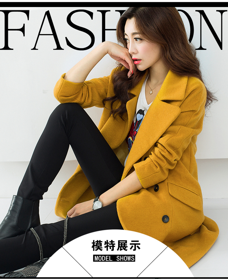 珞橙 2015秋冬新款中长款加厚毛呢外套女 韩版修身毛呢大衣大码呢子大衣女 黄色 L