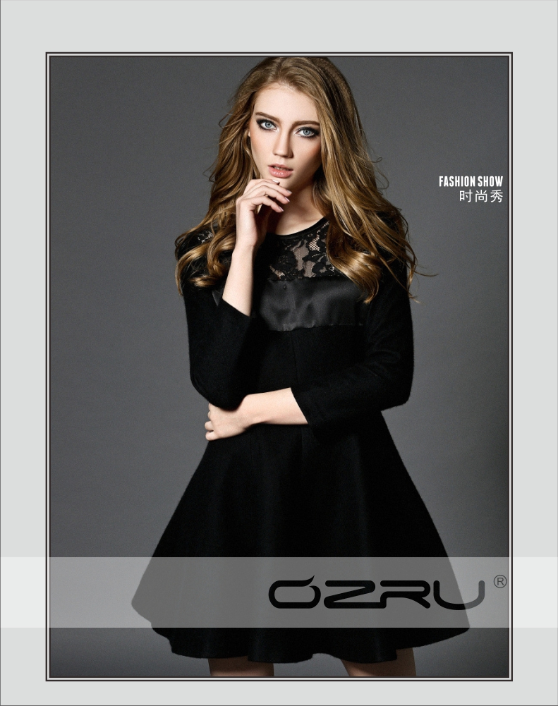 欧洲站2016春冬装新款欧美蕾丝拼接羊毛呢收腰连衣裙圆领长袖a字裙