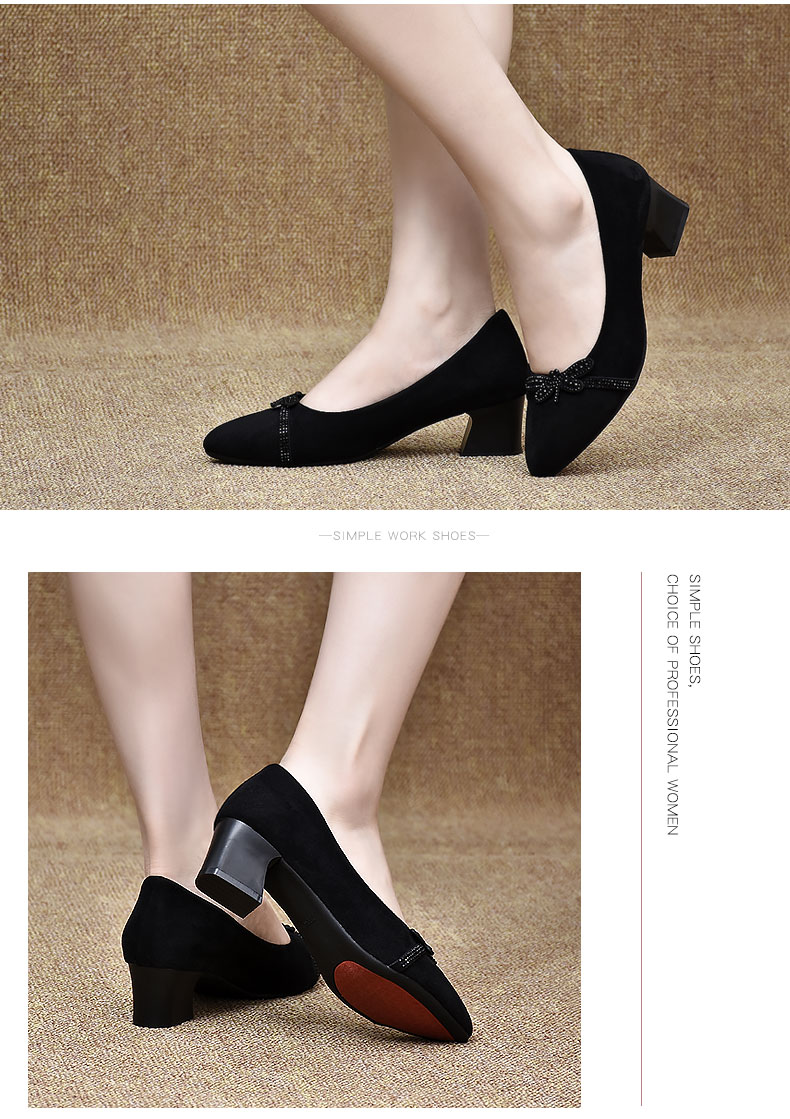 布鞋女中跟工作鞋女黑色方跟尖头气质职业鞋酒店上班鞋轻便防滑高跟