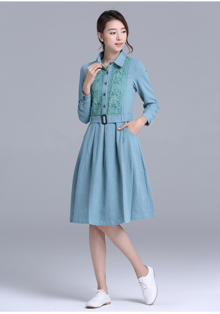 悠漫姿 2016新款棉麻长袖文艺连衣裙刺绣连腰带显瘦中长款裙子970 水