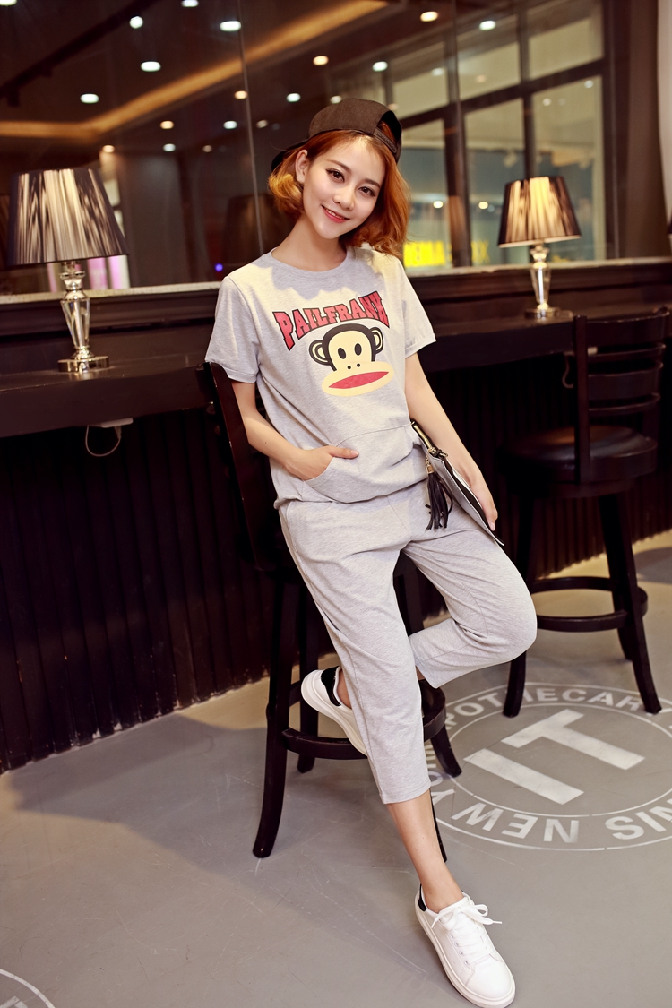 韩版休闲运动女夏薄款显瘦大码学生女士运动服套装两件套 浅灰色 xl