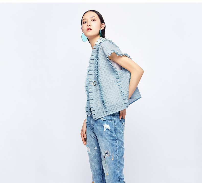 云思木想ysimox 工字褶 夏装新款肌理箱型短外套女84945 浅蓝色 l/xl