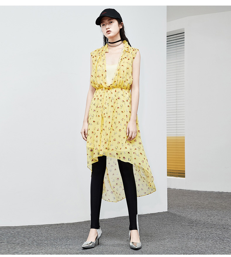 moco2018夏季新品松紧腰真丝印花连衣裙两件套ma182drs108 摩安珂