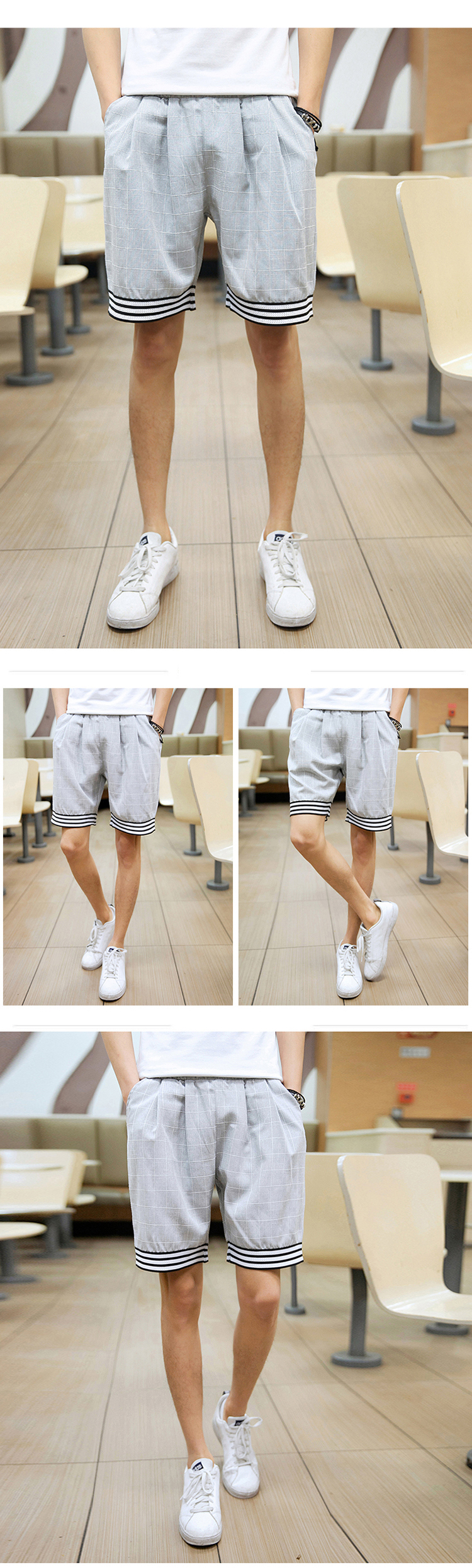 丹杰仕 2016夏季上新男士时尚条纹格休闲裤 休闲百搭短裤 浅灰格 4xl