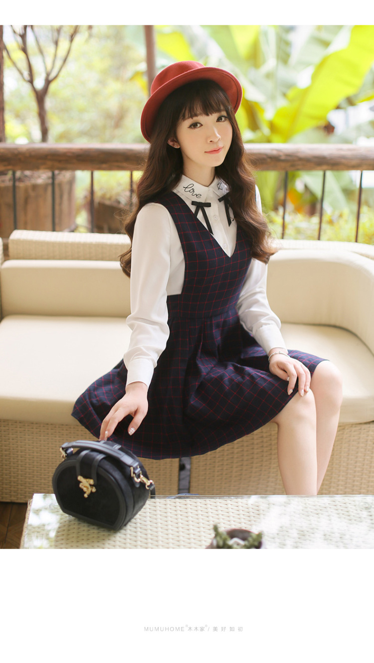 Mumu Home2016春装新款日系学院风甜美格纹修身V领无袖连衣裙 深蓝色 XS