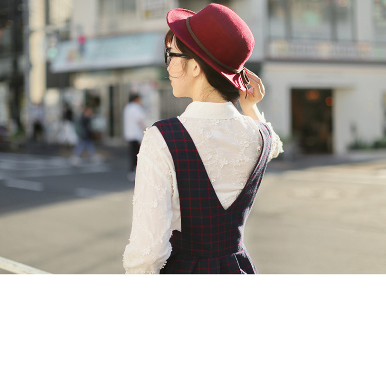 Mumu Home2016春装新款日系学院风甜美格纹修身V领无袖连衣裙 深蓝色 XS